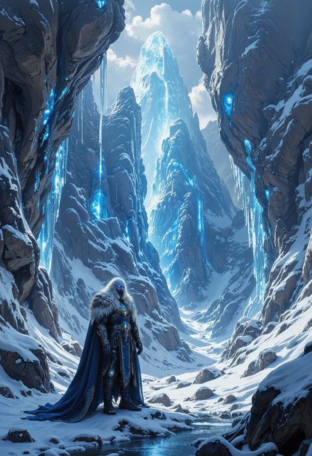 in the style of ck-ovf, A grand palace carved directly into the side of a snowy mountain, with columns of sparkling ice and crystal-like formations. The palace glows with a cold, bluish light from within, and the Mountain King, a towering figure clad in furs and jewels, stands at the entrance, his eyes emitting a piercing, magical glow.<lora:ck-OneViolentFantasy-000021.safetensors:0.6:0.6>