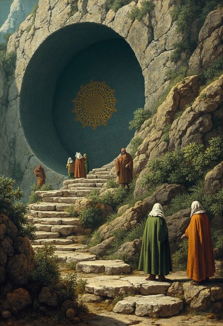 A group of elderly men, dressed in simple green and brown robes, stand on a stone path leading up to a massive, ancient circular artifact embedded in a rocky mountainside. The artifact, carved from weathered stone, features intricate, ornate golden designs at its center, hinting at a lost civilization. The men, with their hoods down, gaze at the structure in silent awe, their faces weathered and filled with reverence. The rocky landscape around them is rugged, with patches of grass and small plants growing between the stones. The lighting is soft and natural, capturing every detail of the stone textures, the wrinkles on the men's faces, and the lush environment. The scene has a calm, contemplative atmosphere, evoking a deep sense of ancient history and realism, as if witnessing a historical moment frozen in time, with a focus on hyperrealistic details and lifelike elements. ancientstyle