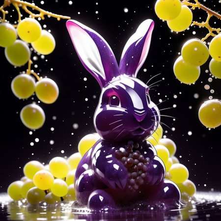 masterpiece, best quality, hyper-realistic, ultra-HD, intricate textures, luminous lighting, cinematic ambiance, shimmering gradients, ethereal glow, deep contrast, very aesthetic, one green grape bunny, in a field full of green grapes, day, sparkles, outside, (((full body)))