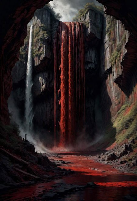 a landscape of a waterfall of ((blood)),
 masterpiece, highly detailed,
EdobHorrorLandscape,
horror, dark,