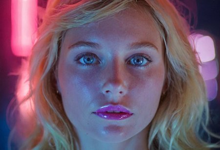 (80sPortrait), beautiful blonde woman, blue eyes, neon lights