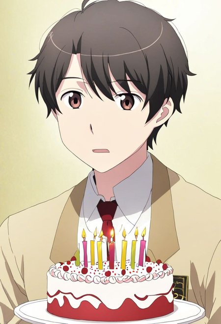 high resolution, solo, best quality, 1Boy, Inaho Kaizuka, Black Hair, Brown Eyes, surprise, birthday surprise, birthday cake, birthday party, OverallDetail