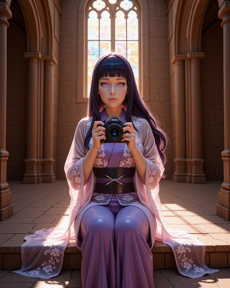-looking at viewer, outdoors daylight, a 20 year old adult mature woman.
3d CGI Style,  front view photo of.
<lora:Naruto_-_Hinata_v2-000030:1> n-hinata, purple eyes, blunt bangs, black hair Sheer lace kimono with floral embroidery, long sleeves, and an open front
A woman sits on the stone steps of an ancient church, her camera poised as she captures the beauty of sunlight streaming through stained glass windows, the colors dancing on the floor beneath her.