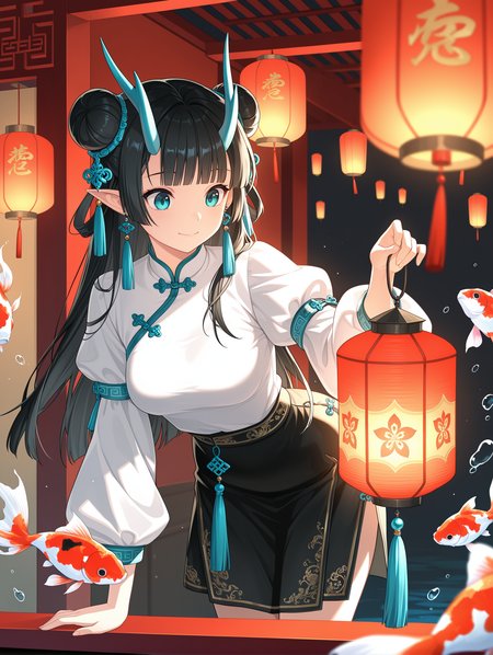 1girl, solo, long hair, blue eyes, black hair, aqua eyes, happy, closed mouth,medium breasts, hair bun, double bun, horns,blunt bangs, looking at object, looking at lantern, holding lantern,bend over, shirt, skirt, long sleeves, ribbon, jewelry, white shirt, short sleeves, earrings, pointy ears, black skirt, puffy short sleeves, chinese clothes, tassel, lantern, tassel earrings, paper lantern, goldfish, tassel hair ornament, koi, flying fishï¼, Blurred foreground,depth of field, cowboy shot, 
,masterpiece,best quality,amazing quality,