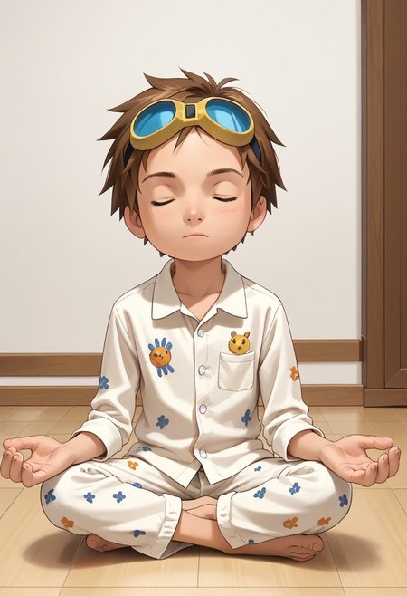 score_9, score_8_up, score_7_up, zPDXL2, 
,
1boy, solo, goggles on head, brown hair, 
Standing in the room wearing pajamas
hud_m3dit4tion, indian style, sitting, on floor, , pants, facing viewer, barefoot, closed eyes,