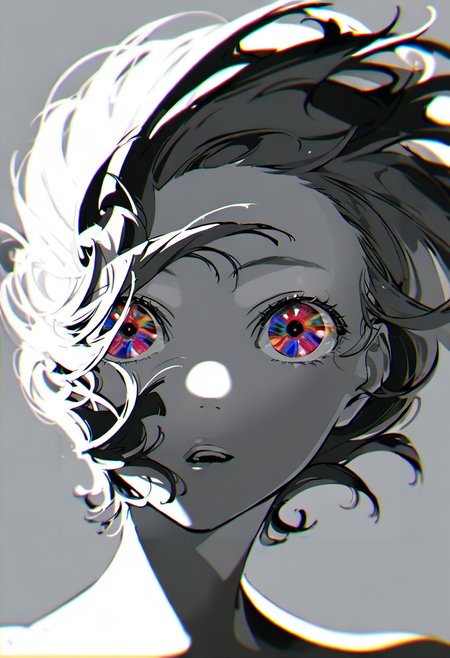 solo, 1girl, monochrome, short hair, spot color, multicolored eyes, greyscale, portrait, floating hair, parted lips, grey background, looking at viewer, shadow, open mouth, chromatic aberration, simple background, eyelashes <lora:yoneyamaiXL_NBVP1_lokr_V6311PZ:0.95>