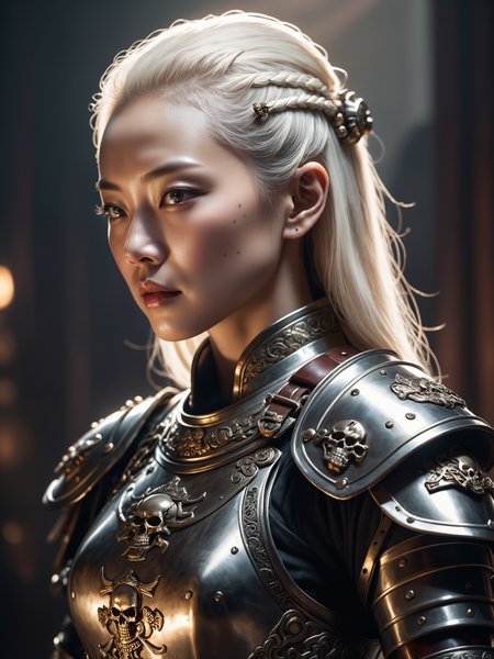 close-up, upper body shot, a female chinese general, in ancient china, she is a charming albino knightess with detailed leather and gleaming polished steel armor with skull and skeletal motifs, the atmospheric lighting highlights her weapon, she exudes an aura of grace, mesmerizing, atmospheric, highly detailed, realistic and hyper-detailed textures, ultra-high resolution, cinematic composition, soft shadows, volumetric lighting, hazy background, leica q2, summilux 35mm f/1.2 asph, rich and vibrant colors, intricate details, <lora:envybetterhiresfixxl01-xl:0.0:hr=1.0> <lora:lyco-style-envydramaticlightingxl02_photo-xl:0.3>