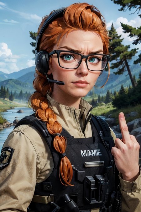 lis, headset, orange hair, one braid, glasses, green eyes, wearing military clothes, bulletproof vest, looking at viewer, serious, angry, close up shot, middle finger,outside, mountain, river, trees, blue sky, extreme detail, masterpiece,   <lora:midfinger-wasabiya:1> <lora:lis_(battlefield_2042):.6>