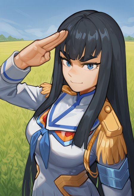 54k45t3style, masterpiece  best quality,  solo, kiryuuin satsuki, large eyebrows, military uniform, salute, field,