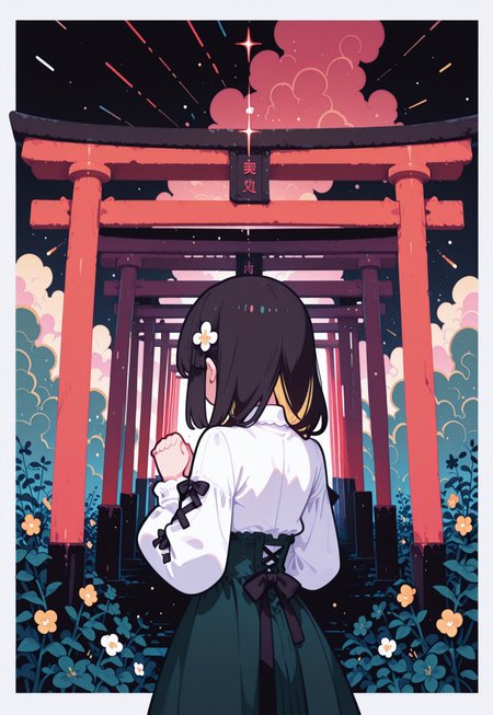 masterpiece, best quality,
(from behind, back shot),
pastel cyan eyes, blonde hair, multi colored hair, long hair, hair ornament, twintale, colored inner hair,
small breasts, 
white shirt, frills, long sleeves, dark black green skirt, center frills,
frilled skirt, high-waist skirt, puffy long sleeves, black bow, collared shirt, puffy sleeves, laced sleeves ,

1girl, solo, upper body,
praying, many flowers in background,
  

simple gradient lapis lazuli  background with thick white border,

layered thick symmetrical clouds,
((many randomly tilted japanese red torii gates in background)), (light particles, many shooting starts),

flat vector illustration, fl4t,
