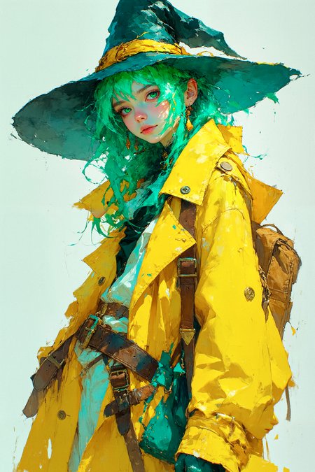 art by greg rutkowski, loish, rhads, ferdinand knab, makoto shinkai, lois van baarle, ilya kuvshinov, rossdraws, tom bagshaw and alphonse mucha, digital art, In a vibrant and colorful digital art, a young girl Trench coated in an eclectic outfit with bright green hair is depicted wearing a classic witch trench coat, her hair adorned with intricate designs of turquoise and brown. matte skin