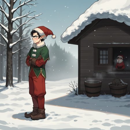 score_9, score_8_up, score_7_up, score_6_up, score_5_up, score_4_up, zPDXL2,source_anime,rating_questionable, outdoors, snow, rustic village, scowl, arms folded,  <lora:Christmas_Elf:0.7>1boy ,pointy ears, pointy ears, straight black hair, glasses, santa hat, fur trim, gloves, red pants