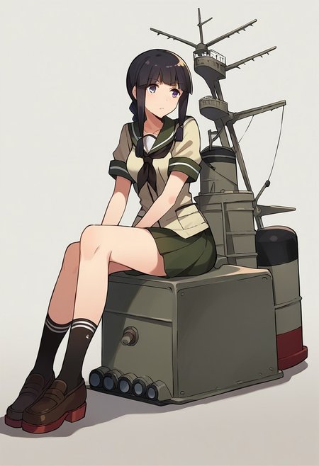 score_9, score_8, score_7, source_anime, kitakami (kancolle), single braid, kneehighs, full body, black neckerchief, medium breasts, short sleeves, shoes, machinery, sitting