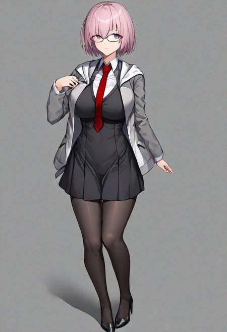 Mash_Def, glasses, short dress, black dress, black skirt, necktie, red necktie, wing collar, jacket, open jacket, hooded jacket, grey jacket, hood down, black pantyhose, 
masterpiece, best quality, very aesthetic, absurdres, 1milf, 1adult, solo, full_body, tachi-e,