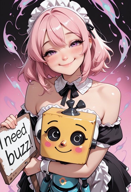 masterpiece, high_quality, highres, flat_colors, gradient, holding sign, need buzz, looking at viewer,
long_lashes, blush, dynamic_angle, maid uniform, cinematic, hugging civbot, kissing civbot, pink background, black_background, ethereal_aura, big_eyes, pastel_mint, pastel_pink, pastel_yellow, dutch angle, cute smile, bare_shoulders