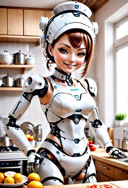 robot maid nurse cooking cleaning looking after the family, feminine, hybrid, (skin, torso, attractive, navel), lewd, pleasure bot, kitchen, looking at viewer, offering services, how about it, creepy robot smile