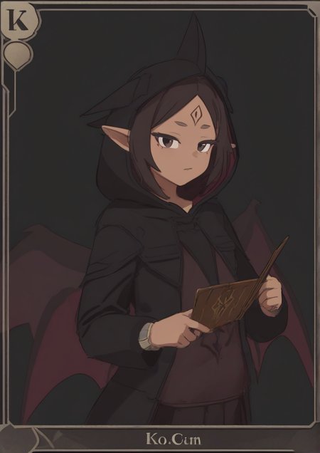 1girl, return (clow card), ko, black background, brown eyes, brown hair, clow card, dark-skinned female, dark skin, facial mark, feathered wings, forehead mark, hood, pointy ears, solo, watch, wings <lora:GYA_RB:1>