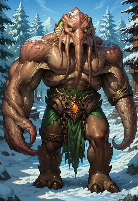 zPDXL3, score_9, score_8_up, score_7_up, detailed face, detailed body, detailed background, perfect anatomy, masterpiece, high quality, best quality, outdoors, snow BREAK three-quarter view, male, muscular, big pecs, thick thighs, faceless_one, monster, brown skin, green eyes, glowing eyes, looking at viewer, standing <lora:FacelessOne_WoW_V1:0.9> <lora:detailed_notrigger:1> <lora:d3t41l3dXLP:0.5>