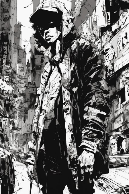 Jim Mahfood Style - Extreme closeup. artistically cropped. art by afro samurai. High contrast. urban.