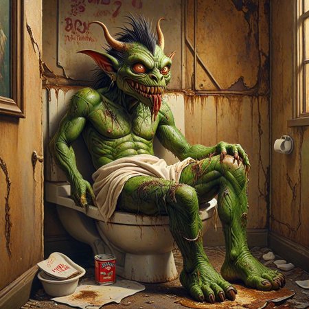 cradimerdo,A highly detailed oil painting of a grotesque monster lounging on a dirty toilet, engrossed in reading a tattered Playboy magazine. The creature has a scaly green body, with sharp teeth and protruding eyes. The toilet is in a dimly lit, run-down bathroom with peeling wallpaper and rusted fixtures. The Playboy magazine lies open, revealing a vintage centerfold. The overall atmosphere of the painting is eerie and unsettling, with a touch of dark humor.
<lora:MJ52:0.5> <lora:DetailedEyes_V3:1> <lora:SDXLFaeTastic2400:0.5>    ziprealism, <lora:greg_rutkowski_xl_2:1>  <lora:middle_finger:1> <lora:cradimerdo:0.5>