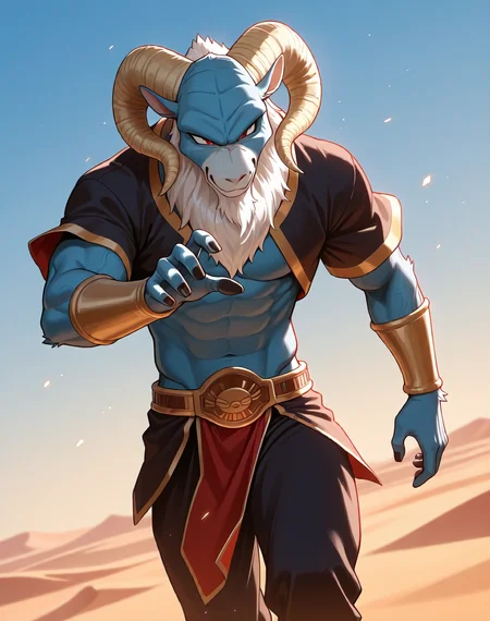 <lora:Moro_1st_Form_(Dragonball_Z)_(Illustrious)_(AD):1.3> Moro, muscular, goat,
dutch angle, exterior, desert, sky with detailed clouds,
male focus, gradient coloring, solo, cowboy shot, bent leg, perfect proportions, goat head, blue body, soft shading, evil smirk, old, aged up, frail, wrinkles, long white beard, thin waist, 
BREAK very awe, aesthetically pleasing, masterpiece, best quality, amazing quality, very aesthetic, perfect depth of field shot, in'ei, furry_art, source_furry, source_anime,
EZRealPONYXL, zPDXL, Smooth Quality, lazympos, IllustQualXL_Pos,