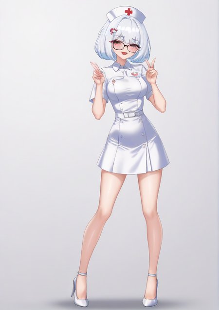 1girl,bow, dated, glasses, hair ornament, hairclip, hand up, hat, high heels, nurse, nurse cap, standing, white headwear <lora:oldsickkim:1>