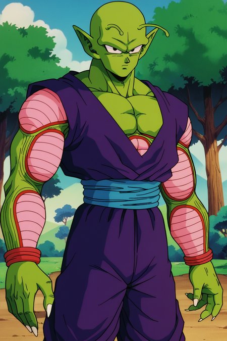 score_9, score_8_up, score_7_up, score_6_up, BREAK retro artstyle, piccolo,  1boy, green skin, pink patches, slug antennae, purple dougi, purple pants, blue sash, serious,black eyes, outdoors, nature,bald,pointy ears,abs,nails,sharp fingernails,   <lora:PiccoloPonyV2:1>