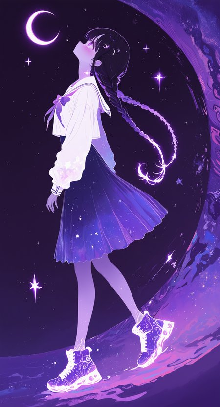 masterpiece, best quality, good quality, very awa, newest, highres, absurdres, 1girl, solo, long hair, blush, shirt, skirt, black hair, long sleeves, very long hair, purple eyes, white shirt, full body, braid, boots, sky, shoes, sailor collar, star \(symbol\), from side, twin braids, blue skirt, sparkle, profile, night, white footwear, moon, looking up, sneakers, star \(sky\), night sky, puffy long sleeves, white sailor collar, starry sky, walking, purple footwear, crescent moon, limited palette, sketch, glowing, psychedelic, <lora:illustriousXL_stabilizer_v1.23:0.3> <lora:NOOB_vp1_detailer_by_volnovik_v1:0.3> <lora:ponyv6_noobE11_2_adamW-000017:0.3> <lora:114558v4df2fsdf5:0.7> <lora:XXX667:0.5> <lora:mon_monmon2133:0.6>
