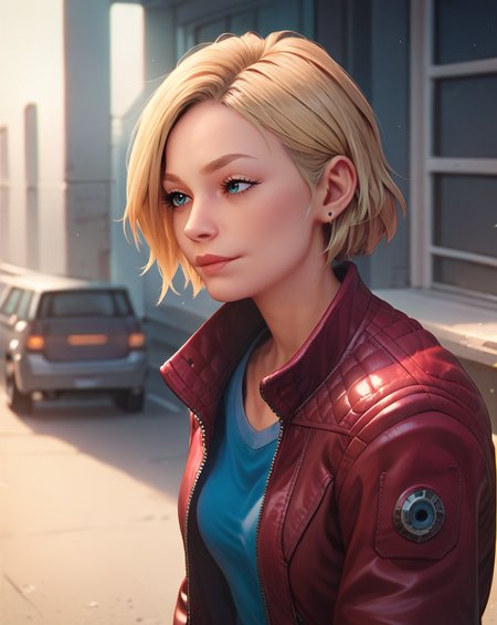 score_9, score_8_up, score_7_up, score_6_up, 1girl,   sarah morgan, in a futuristic city, sci-fy,, red jacket,  blue shirt, <lora:Sarah Morgan-000030:1>