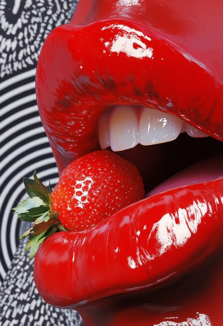 A close-up artistic photograph inspired by the modern surrealism of Guy Bourdin and the tactile focus of Irving Penn, capturing the glossy, red surface of slightly parted lips with an intense, reflective shine. The lips, painted with a high-sheen crimson gloss, exude a wet, smooth texture, catching the light in striking highlights that emphasize their plump, sculpted form. At the center, two pristine white teeth are revealed, adding a crisp contrast to the deep red. Resting delicately on the lower lip is a whole, glossy strawberry, its vibrant red skin matching the lips while its green stem peeks out, providing a natural accent to the composition. Behind the lips, the blurred background incorporates a subtle yet striking optical illusion inspired by Bridget Riley’s work, featuring black-and-white concentric wave-like lines that ripple outward, creating a dynamic sense of movement that contrasts with the sharp stillness of the foreground. This illusion seems to pulsate softly, amplifying the surreal atmosphere. The bright, directed lighting enhances the reflective textures of the lips and strawberry, creating a hyper-realistic yet dreamlike aesthetic. HD, 8K quality, ultra-detailed, modern surrealism, flawless composition.
