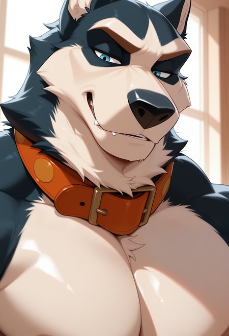 masterpiece,best quality,amazing quality, 1boy, solo,  b4lt0, dog boy, furry male, muscular, red collar, close up, 