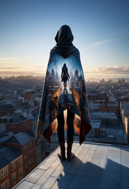 mysterious silhouette of a woman assassin in a cape, balancing on rooftops, goddess, alluring, by Minjae Lee, Carne Griffiths, Emily Kell, Steve McCurry, Geoffroy Thoorens, Aaron Horkey, Jordan Grimmer, Greg Rutkowski, amazing depth, double exposure, surreal, geometric patterns, intricately detailed, bokeh,  perfect balanced, deep fine borders, artistic photorealism , smooth,  great masterwork by head of prompt engineering   <lora:add-detail-xl:2>  <lora:Double_Exposure:0.5>