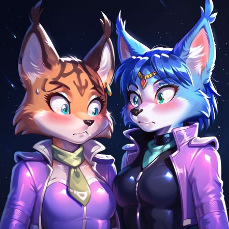 score_9, score_8_up, score_7_up, score_6_up, high quality, detailed, great lighting, beautiful, masterpiece, 4k, clean, crisp, cinematic,, duo, BREAK
Krystal, Krystal_StarFox, anthro fox, fox girl. blue fur, white muzzle, blue hair, blue jumpsuit, BREAK
Miyu Swift, anthro lynx, lynx girl, tan fur, brown ears, lavender jumpsuit, teal neckerchief, BREAK
2girls, ((nervous)), worried, surprised, standing, anthro, curvy, clothed, open jacket, awkward, frown, side by side, equal height, eye contact, blushing