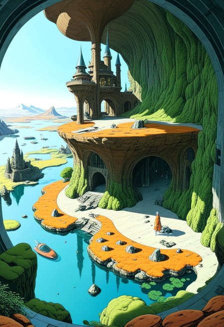 autumn , day ,
ruins, broken, mossy , castle, castle  on a floating island, ancient advanced civilazation, broken sci-fi technology, stone people,
StdGBRedmAF, Studio Ghibli, <lora:StudioGhibli.Redmond-StdGBRRedmAF-StudioGhibli:1>,Moebius (Jean Giraud) Style page,csleeper