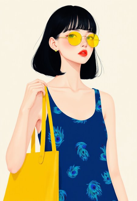  a minimalist digital illustration of a young woman wearing a yellow sunglasses over her vivid blue eyes,she is wearing a blue dress with peacock patterns over it. there is also a bright yellow handbag handing from shoulder matching the aesthetic