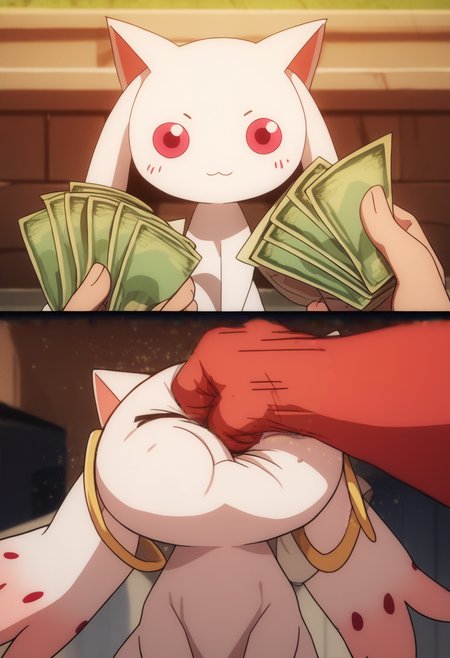 score_9, score_8_up, score_7_up, source_anime,   Kyubey, pov, looking at viewer, 2koma, holding money, pov holding money before and after, , <lora:Pony\char\Man\Madoka-Kyubey-PDXL.safetensors:0.8:0.8> <lora:Pony\face\face_punch.safetensors:0.0:0.0> <lora:Pony\pose\POV_holding_money_before_and_after.safetensors:1.0:1.0>