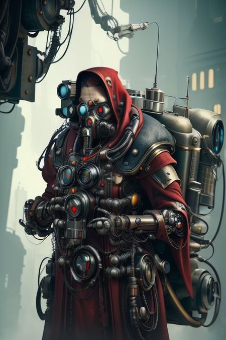 ((masterpiece,best quality)), absurdres, mechanical arms, robes, hood, (techpriest), cyborg, mechanical face, (SpyWorld50s) Adeptus Mechanicus, mechanical limbs, one mechanical eye, mechanical tentacles,((mechanical backpack)), red cloak, 1other, solo, <lora:adeptus:0.5>