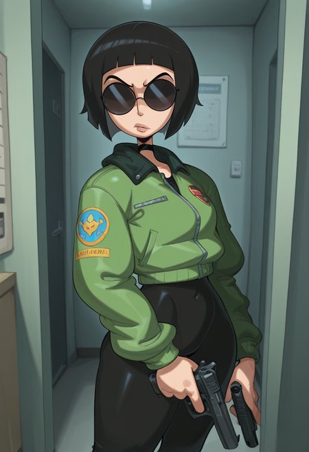 j0j0, masterpiece, best quality, solo,   mathilda from leon, green jacket, black round sunglasses, choker, (black bobcut:1.1),  holding pistol, apartment room,  facing viewer,