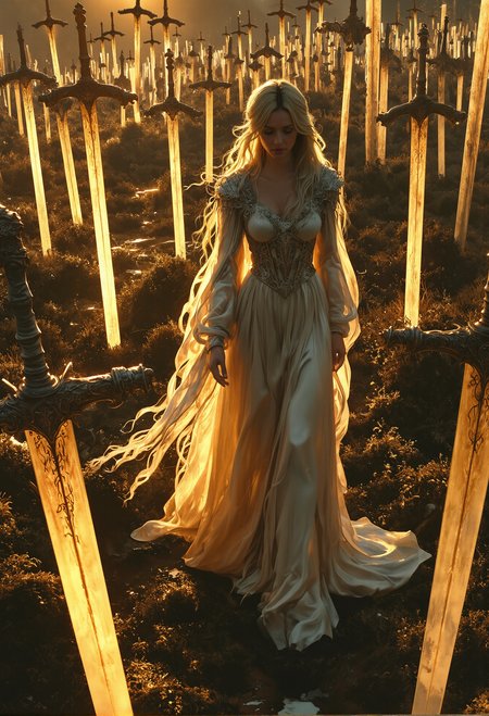 A surreal medieval scene unfolds as a woman in a flowing silk gown, its delicate fabric billowing gracefully in the morning breeze, walks across a vast sunlit field. The golden glow of the rising sun bathes the landscape in warm light, casting long, dramatic shadows from countless oversized swords embedded in the ground like towering monuments. The woman moves with an air of serenity and mystery, her presence contrasting with the grandeur and weight of the surreal scene around her. <lora:Magic_of_Art_\(FLUX\).safetensors:1.0>,  <lora:Elden_Ring_-_Yoshitaka_Amano.safetensors:1.0>,