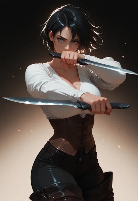 1girl, solo, holding, black hair, mole, blue eyes, weapon, corset, dual wielding, pants, knife, shirt, breasts, holding weapon, thigh boots, simple background, holding knife, dagger, short hair, looking at viewer, boots, black pants, v-neck,, masterwork, masterpiece, best quality, dynamic lighting , dynamic pose,,  dynamic angle, , , (realistic:1.2), (lineless:1.2), detailed, <lora:Detailer_NoobAI_Incrs_v1:0.5>, , aged up, adult, depth of field, dynamic lighting, blurry, cheekbones,