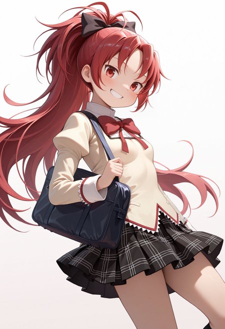 masterpiece, best quality, amazing quality, very awa, looking at viewer,  
 <lora:Sakura Kyoto illu:1> 1girl, solo, long hair, looking at viewer, blush, smile, simple background, white background, red eyes, ponytail, hair bow, red hair, pleated skirt, grin, kneehighs, plaid skirt, black socks, school bag, mitakihara school uniform