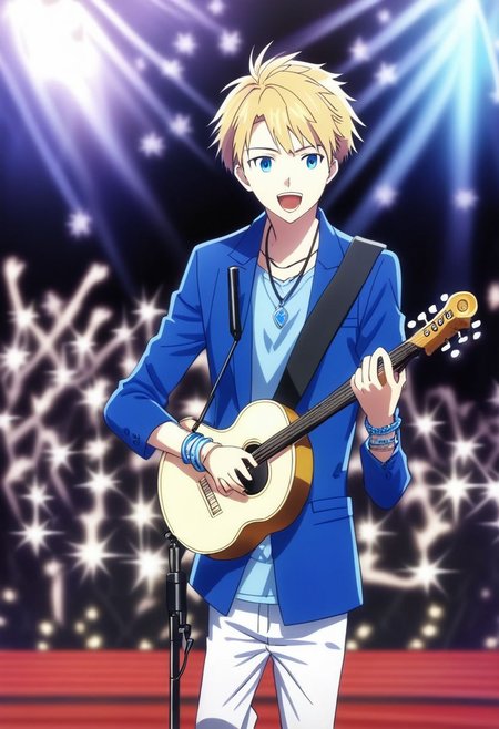 high resolution, professional photography, solo, best quality, 1Boy, Yamato Ishida, Blond Hair, Deep Blue Eyes, Necklace, idol, singing, potrait, dept of field, virtual concert, musical instrument, playing musical instrument, necklace, bracelet, sneakers, OverallDetail