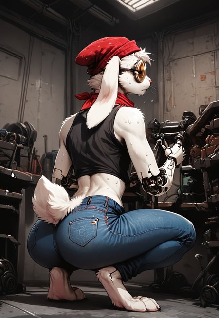 score_9, score_8_up, detailed background, solo, 
1boy, femboy, Rem-E, Furry bunny boy, white fur, crop top, jeans, cybernetic arms, beanie, bandana, sweat, looking away, from behind, wearing round goggles,
indoors, workshop, workbench, holding tools, working on a generator, squatting
asthtc