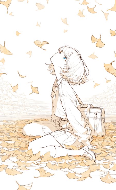 masterpiece, best quality, good quality, very awa, very aesthetic, absurdres, newest, 1girl, bag, closed mouth, from side, full body, long sleeves, blue eyes, school bag, school uniform, shoes, short hair, sitting, skirt, solo, look up, lineart,
Golden Ginkgo Leaves, multiple monochrome, <lora:ponyv6_noobV1_2_adamW-000017:0.8> <lora:USNR_STYLE_XL_lokr:0.45> <lora:wl-illV1-000017:0.7>
