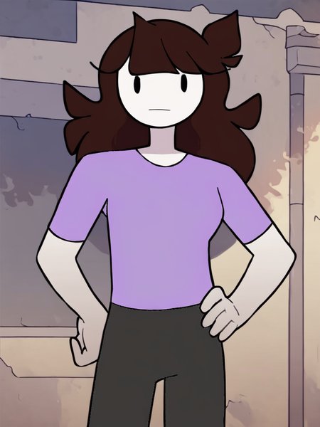 <lora:JaidenPony1.0:1> jaiden, 1girl, purple shirt, long hair, solo, brown hair, flat color, short sleeves, white skin, grey pants, black eyes,looking at viewer, hand on own hip, outside,, score_9, score_8_up, score_7_up, score_6_up