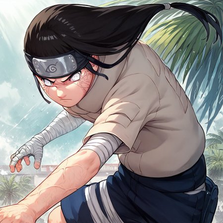 score_9, score_8_up, score_7_up, mastepiece, 1boy, solo, masterpiece, Neji, Black Hair, Long Hair, Ponytail, No pupils, grey eyes, Beige shirt, shorts, forehead protector, bandaged arm, fighting stance, open palm, veins around eyes, hands