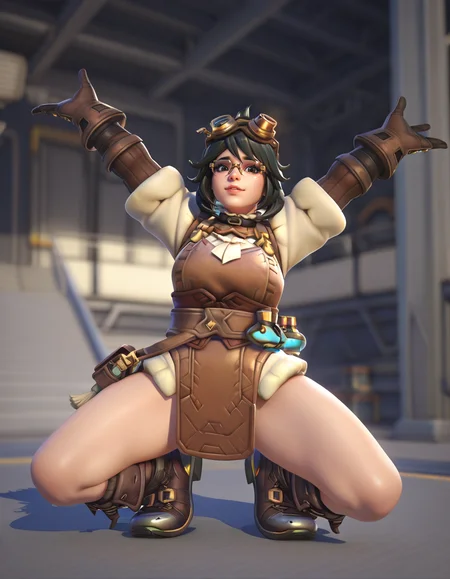 Masterpiece, high-res, 2k, best quality, 2.5d, realistic, ,  1girl, alchemist mei, mei (overwatch), black hair  <lora:mei_alchemist_illus-000043:1> Legs spread arms up