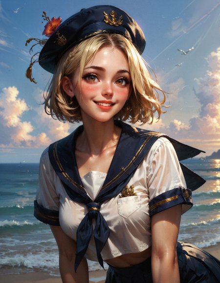 score_9, score_8_up, score_7_up, score_6_up, score_5_up, score_4_up,  woman, 25 years old, sailor uniform, sexy body, cute, narrow hips, smiling, seashore, ocean, short blonde hair, pale skin, hazel eyes, blushing, sailor hat, golden hour