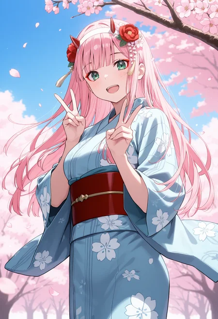masterpiece, best quality, 1girl, solo, blunt bangs, long hair, pink hair, red eyeshadow, yukata, kimono, petals, outdoors, wind, (peace sign), hand up, double v, hands up, cowboy shot, green eyes, red horns, white hairband, print kimono, japanese clothes, obi, hair flower, cherry blossoms, branch, blue sky, looking at viewer, smile, open mouth