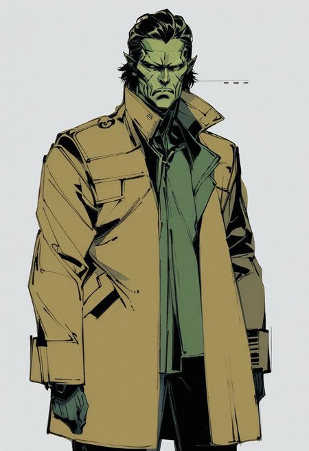 yoji_shinkawa, green alien , Male, trenchcoat,  serious  <lora:Yoji_v2-000014:0.9>, score_8_up, score_7_up, score_6_up